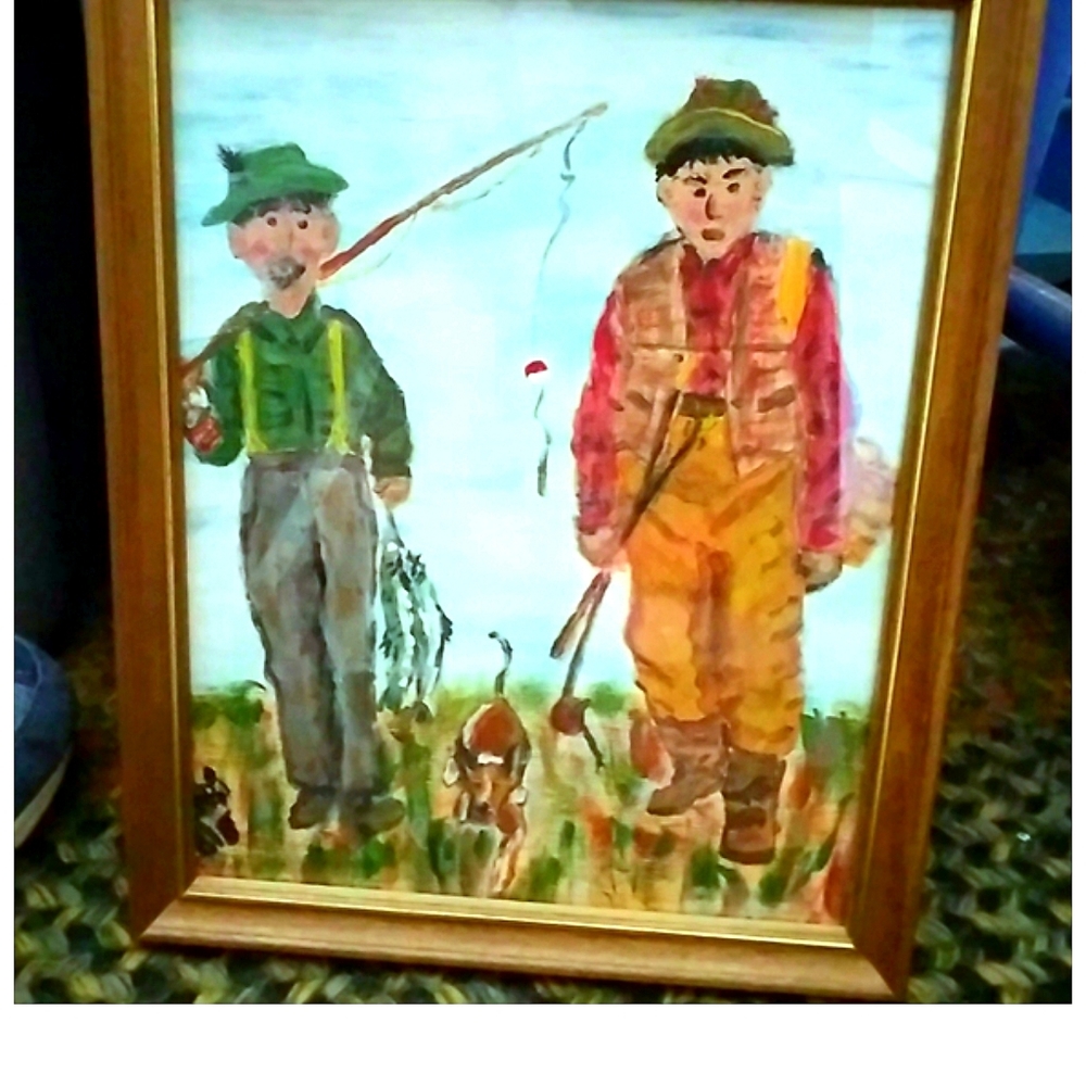 Two Fishermen & Dogs, Framed Acrylic Painting